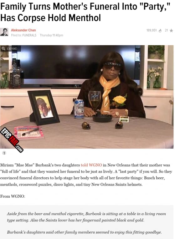 Family Turns Mother's Funeral Into “Party,” Has Corpse Hold Menthol — fail moment