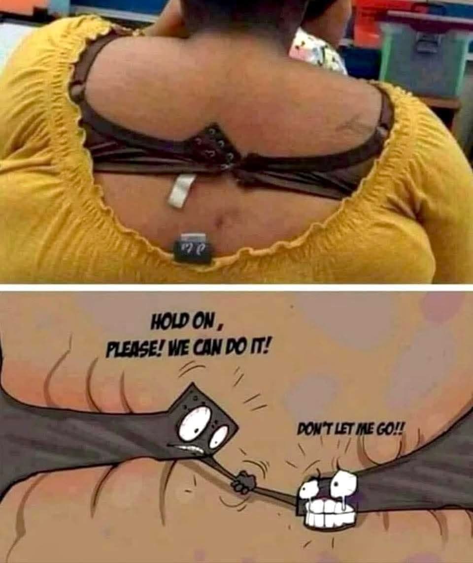 That bra is holding on for dear life — fail moment