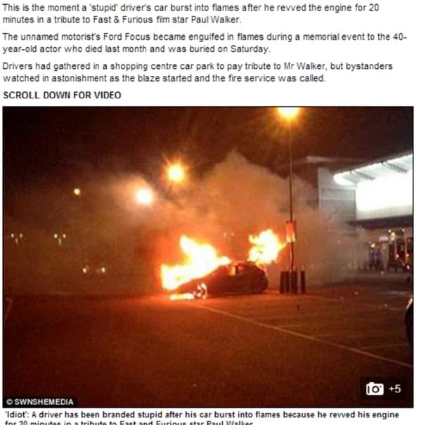 Fast & Furious fan sets his Ford Focus ablaze by revving engine for 20 minutes in tribute to dead actor Paul Walker —...