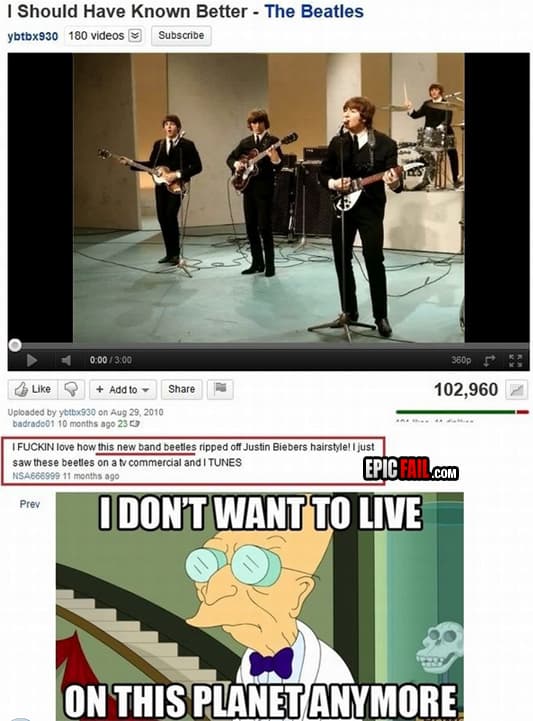 Moment: youtube Comment Fail Beatles Bieber