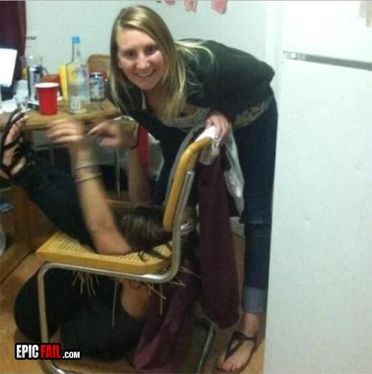 Perfectly timed moment of girl spectacularly falling thru chair — fail moment