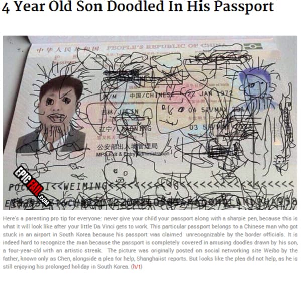 Caught on camera: chinese Man Stuck In Airport Because His 4 Year Old Son Doodled In His Passport (FAIL)