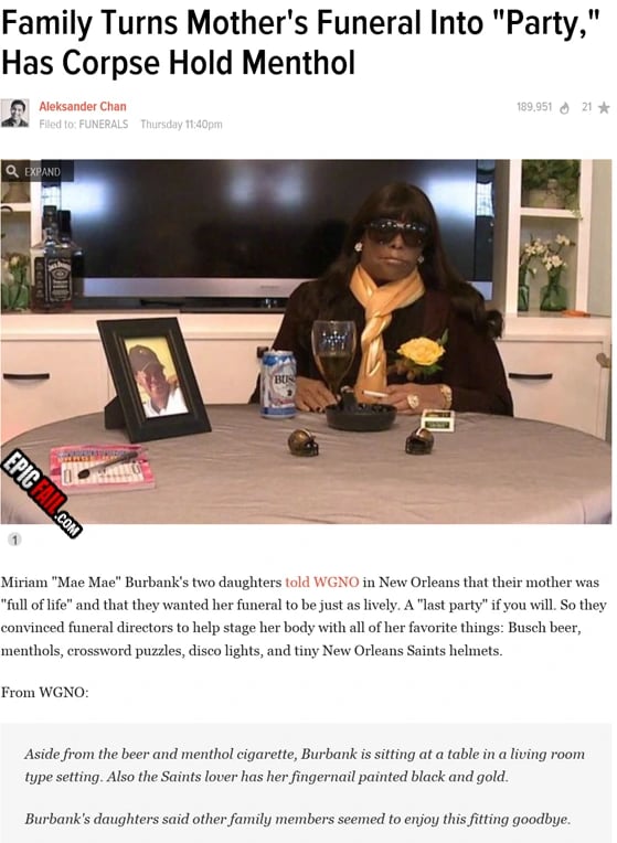 Family Turns Mother's Funeral Into “Party,” Has Corpse Hold Menthol — fail moment