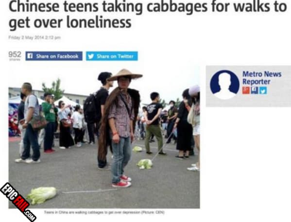 Clip: chinese teens taking cabbages for walks to get over loneliness (Pet FAIL)